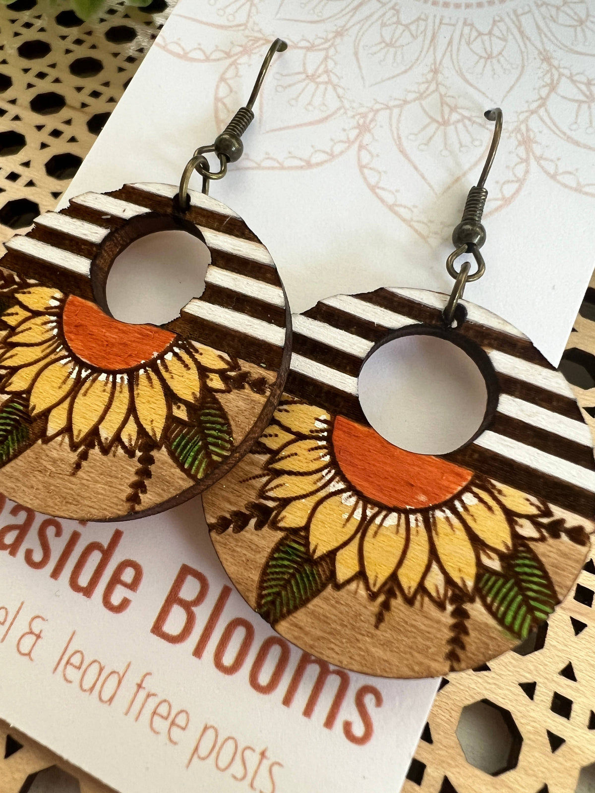 Sunflower & Stripe Hand Painted Hoop Earrings