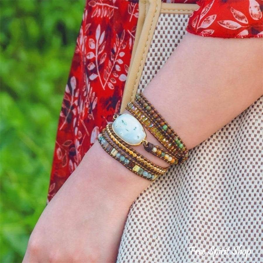 Natural Agate Moonlight & Jasper Boho Beaded Wrap Bracelet