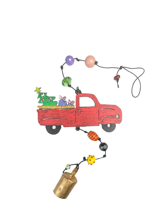 Vintage pickup truck tree wind chime bell ornament holiday