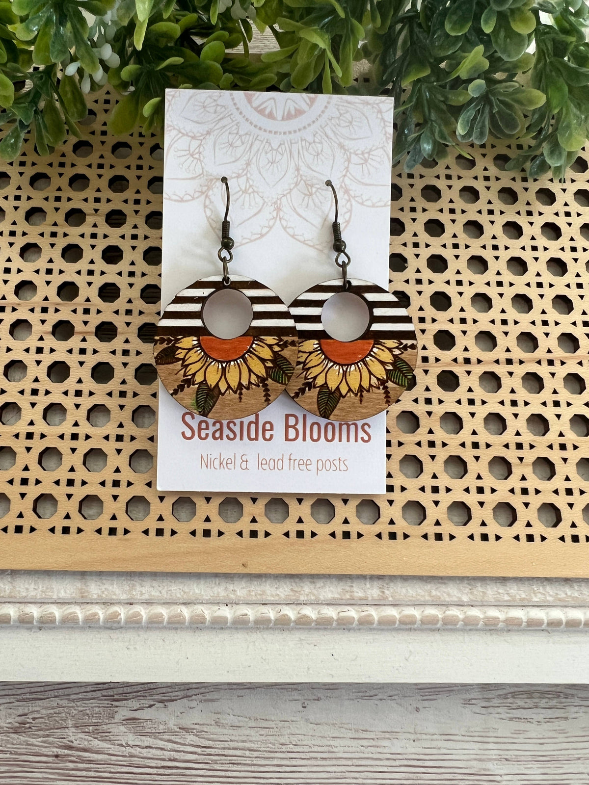 Sunflower & Stripe Hand Painted Hoop Earrings