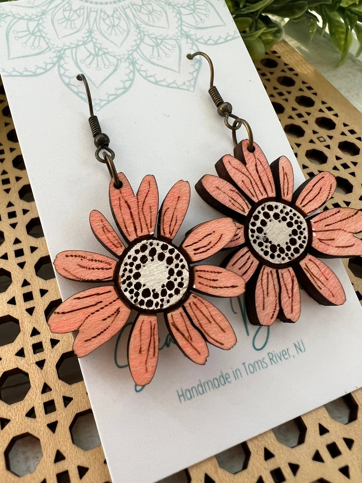 Blush pink daisy light weight hand painted wood earring