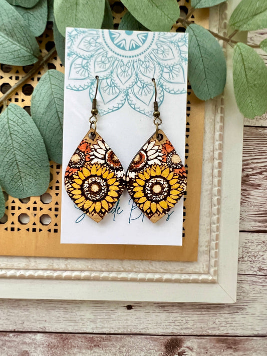 Golden Sunflower - Hand Painted Wood Earrings