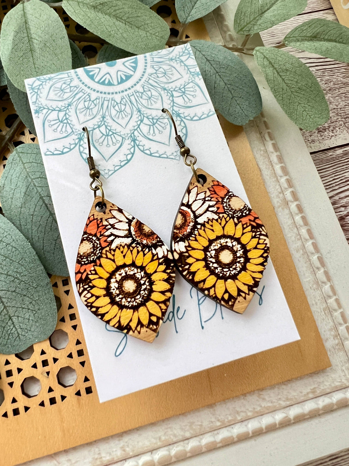 Golden Sunflower - Hand Painted Wood Earrings