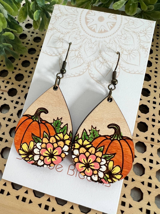 Pumpkin Patch Blooms - Hand Painted Wood Earrings