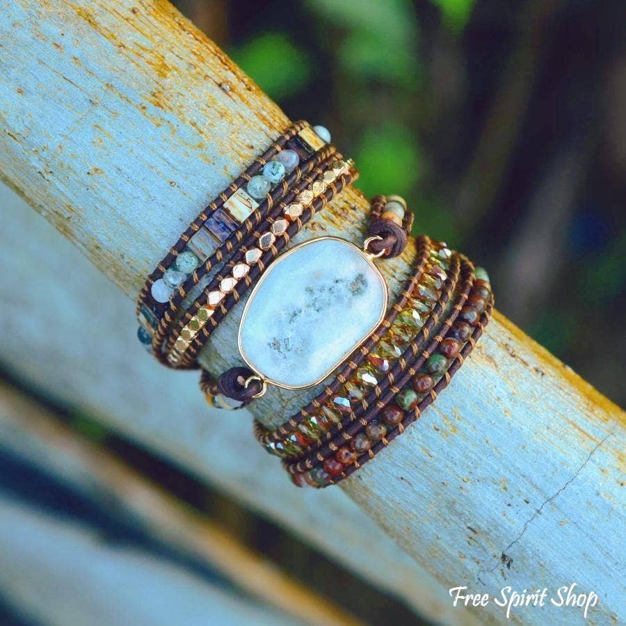 Natural Agate Moonlight & Jasper Boho Beaded Wrap Bracelet