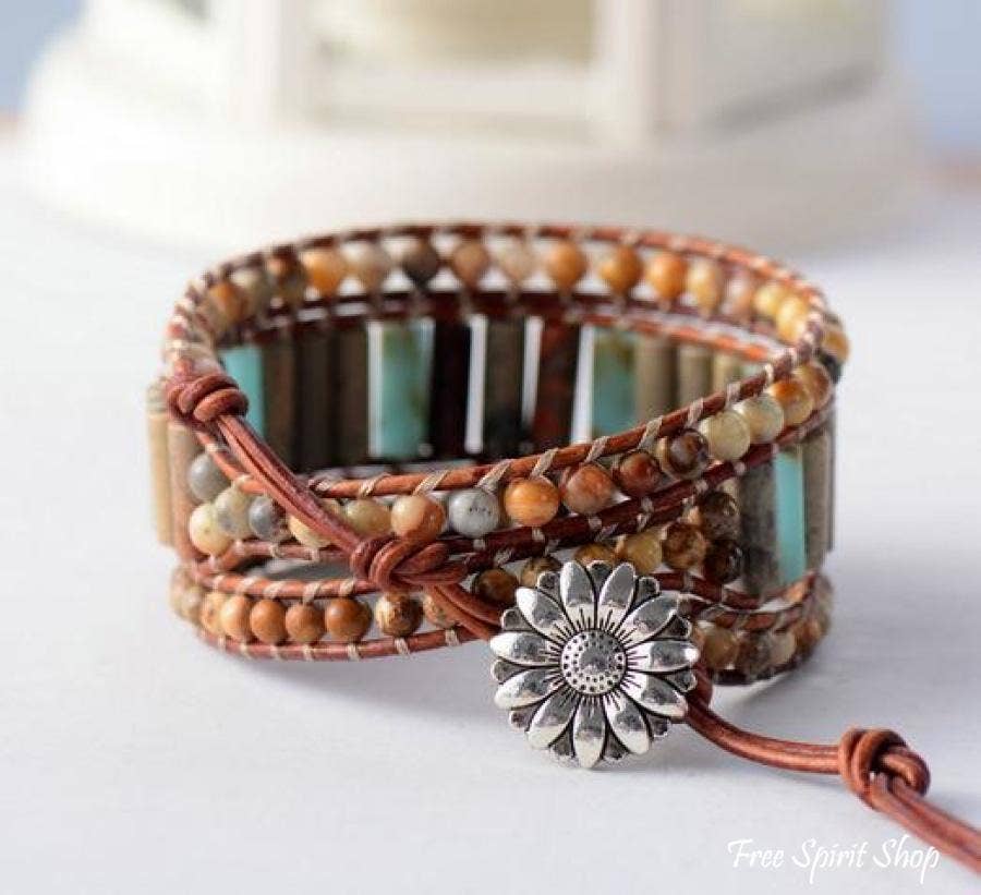 Natural Jasper Wrap Sunflower Bracelet