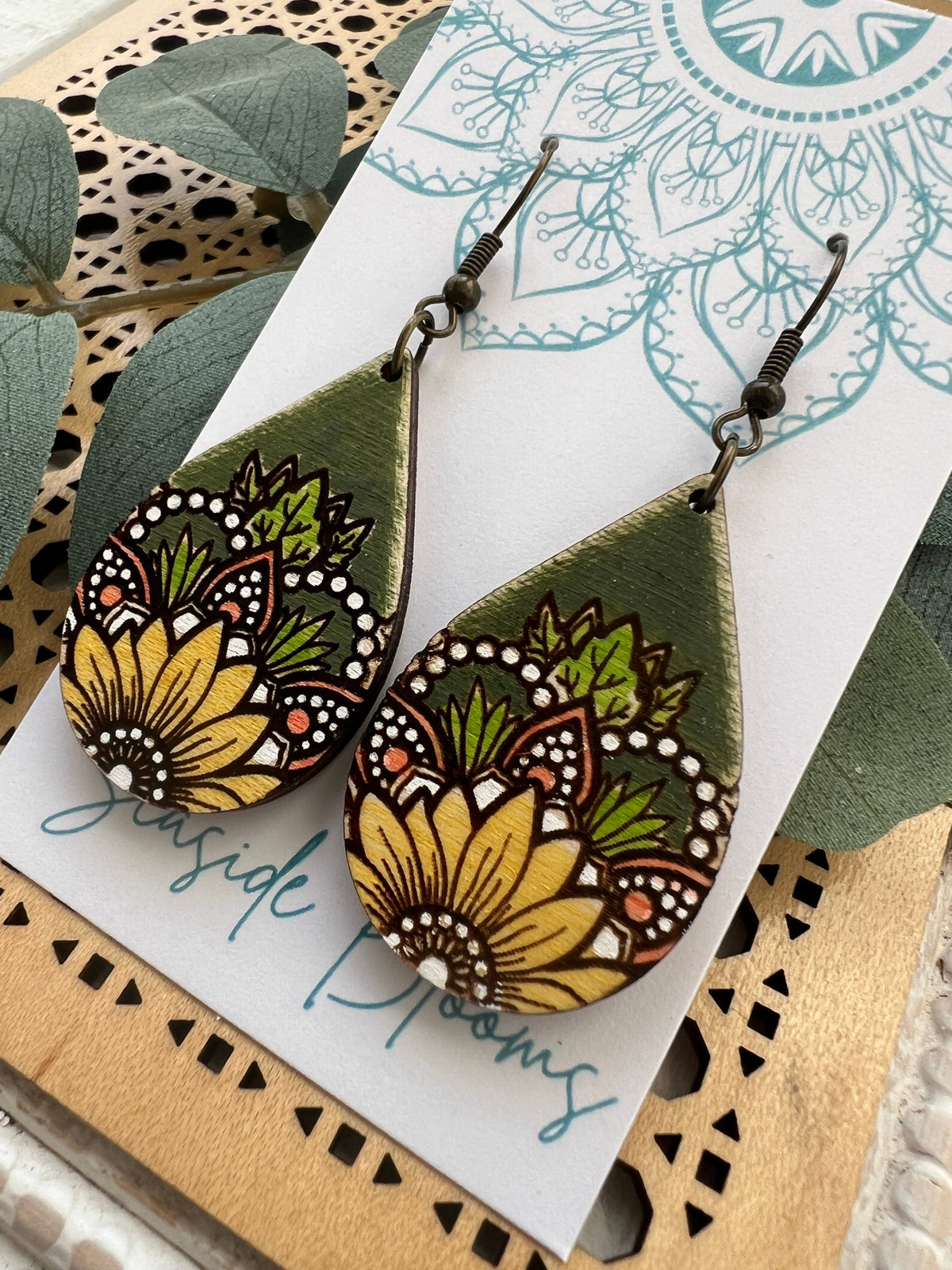 Midnight Sunflower - Hand Painted Wood Earrings  
