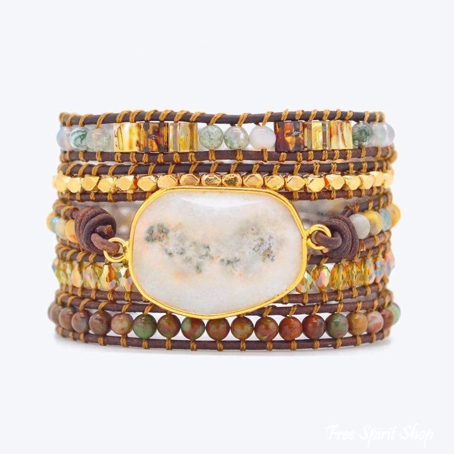 Natural Agate Moonlight & Jasper Boho Beaded Wrap Bracelet