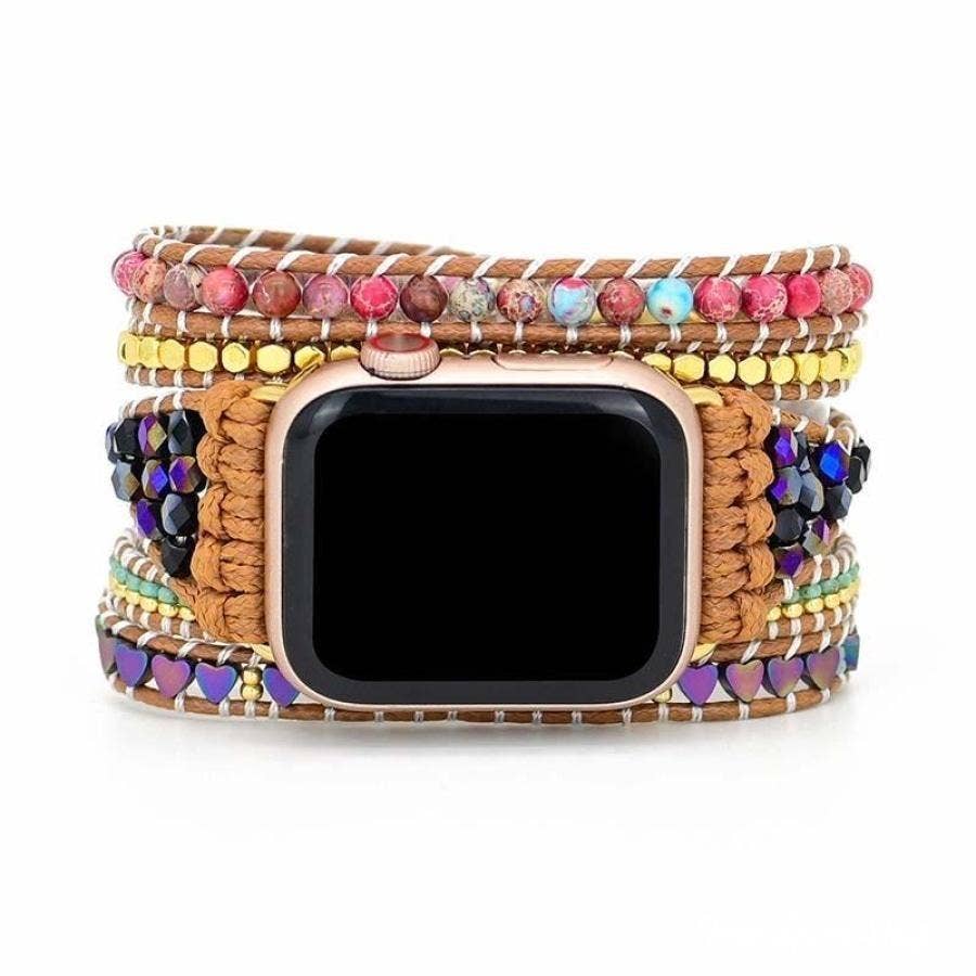 Natural Hematite Heart & Jasper Beaded Apple Watch Band