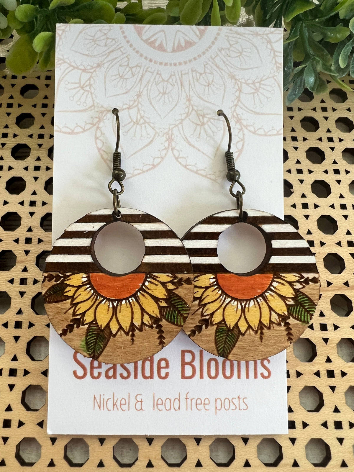 Sunflower & Stripe Hand Painted Hoop Earrings
