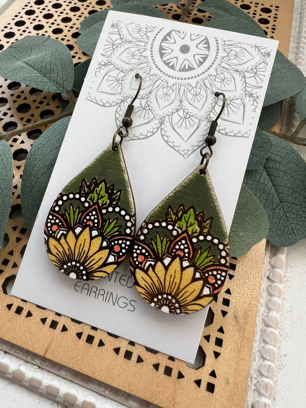 Midnight Sunflower - Hand Painted Wood Earrings  
