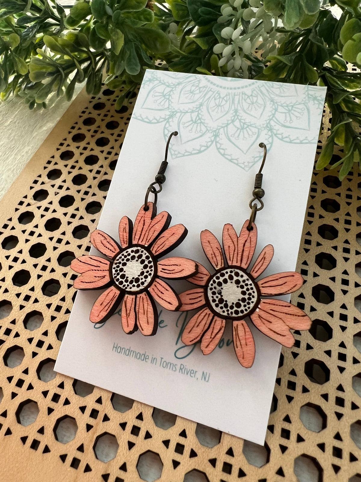 Blush pink daisy light weight hand painted wood earring