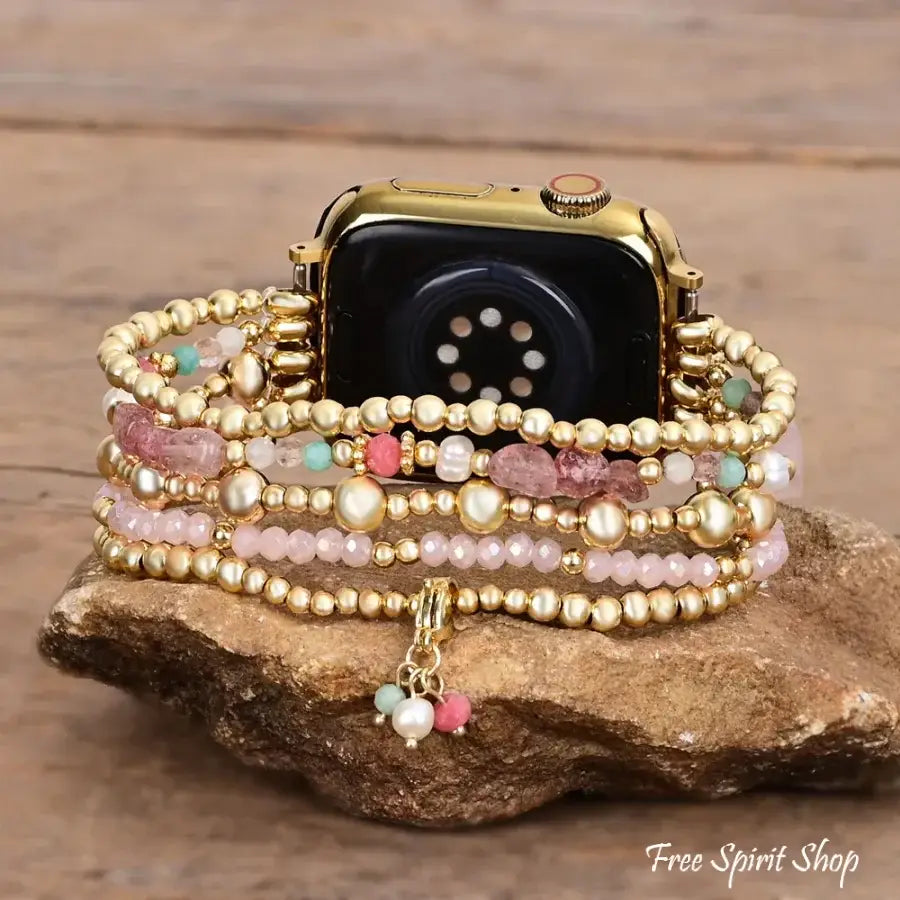 Rose Quartz Beaded Apple Watch Band with Clover Charm