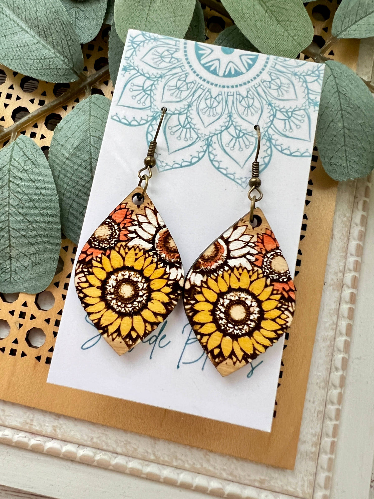 Golden Sunflower - Hand Painted Wood Earrings