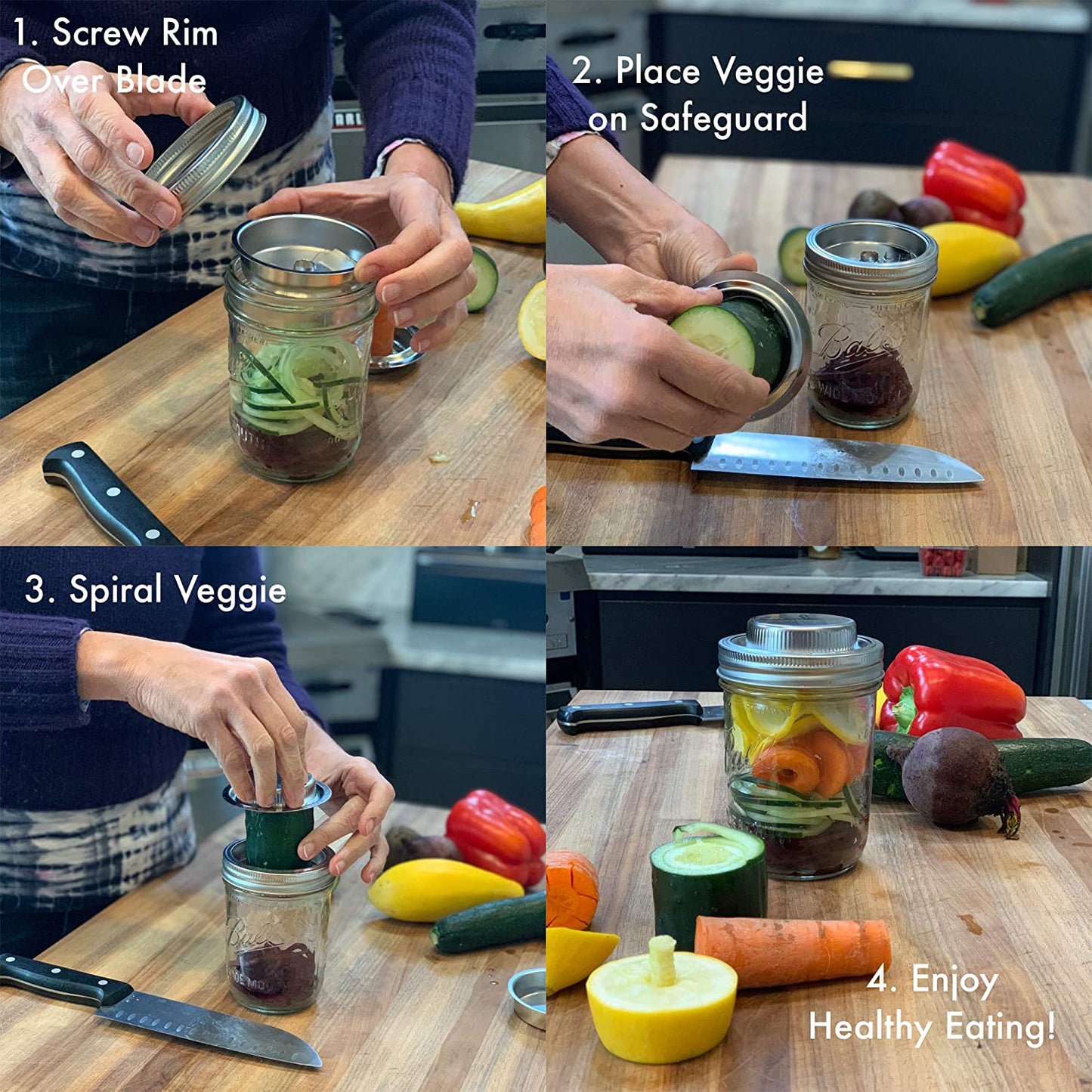 3 in 1 Spiralizer for Wide Mouth Mason Jars, Stainless Steel