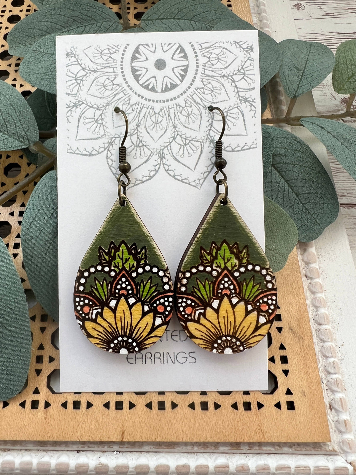 Midnight Sunflower - Hand Painted Wood Earrings  