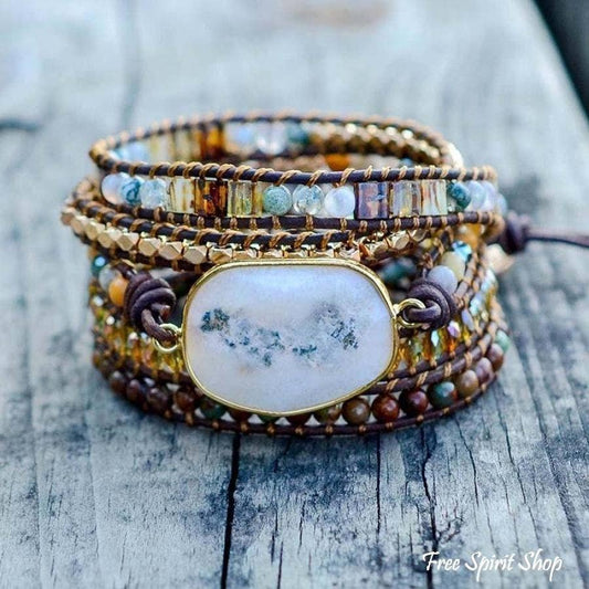 Natural Agate Moonlight & Jasper Boho Beaded Wrap Bracelet