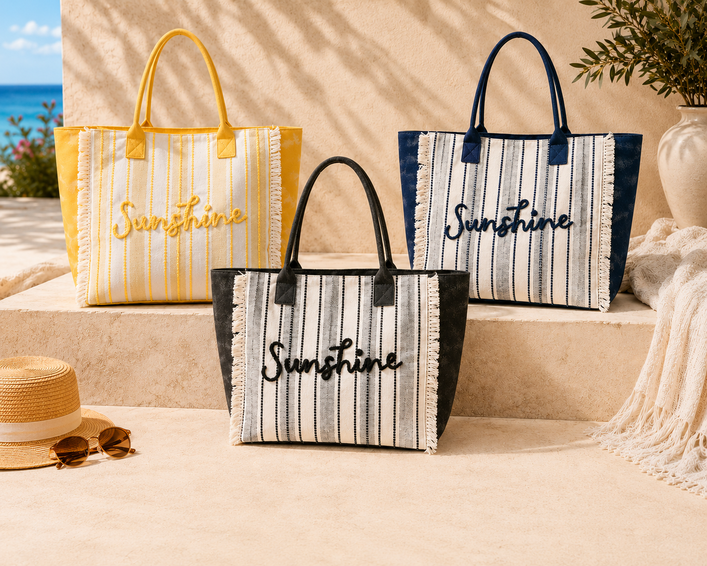 Hello Sunshine Stripe Fringe Tote Bag