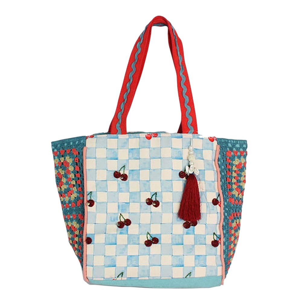 Cherry Checker Crush - Printed Canvas Large Shoulder Tote Bag