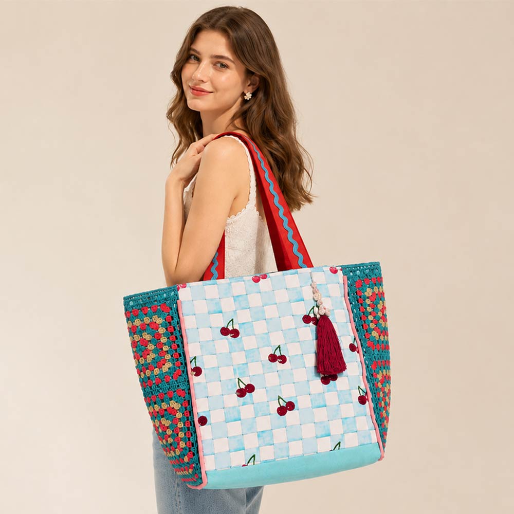 Cherry Checker Crush - Printed Canvas Large Shoulder Tote Bag