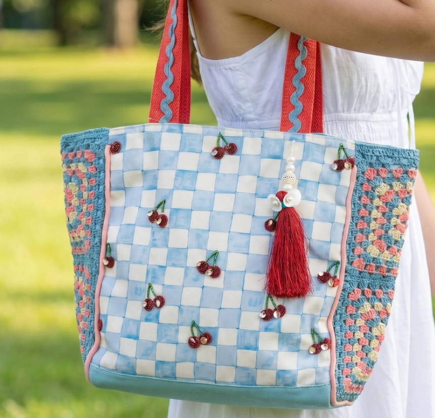 Cherry Checker Crush - Printed Canvas Large Shoulder Tote Bag