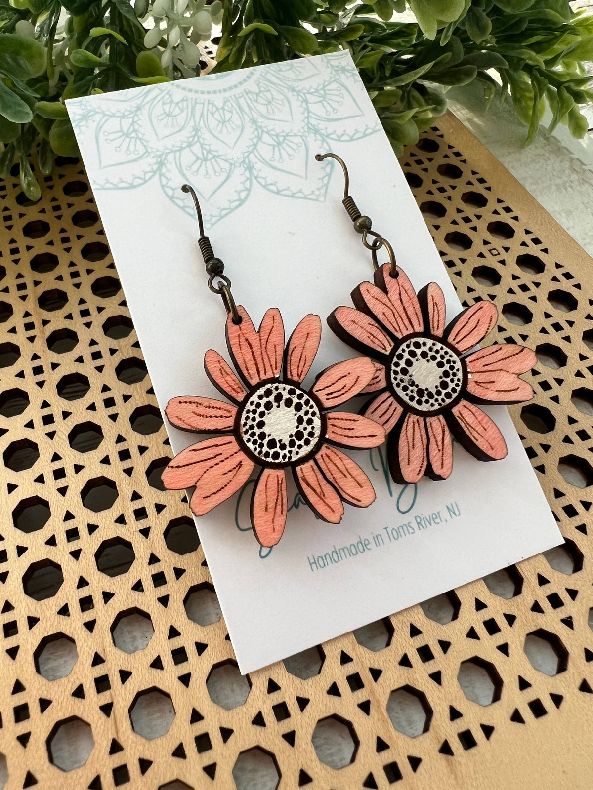 Blush pink daisy light weight hand painted wood earring