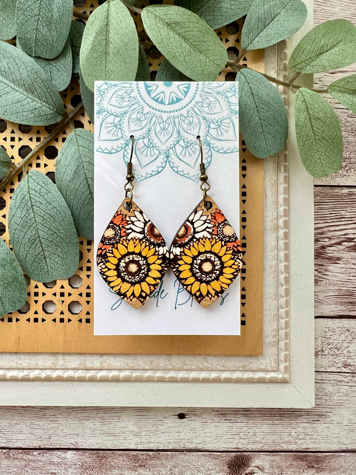 Golden Sunflower - Hand Painted Wood Earrings