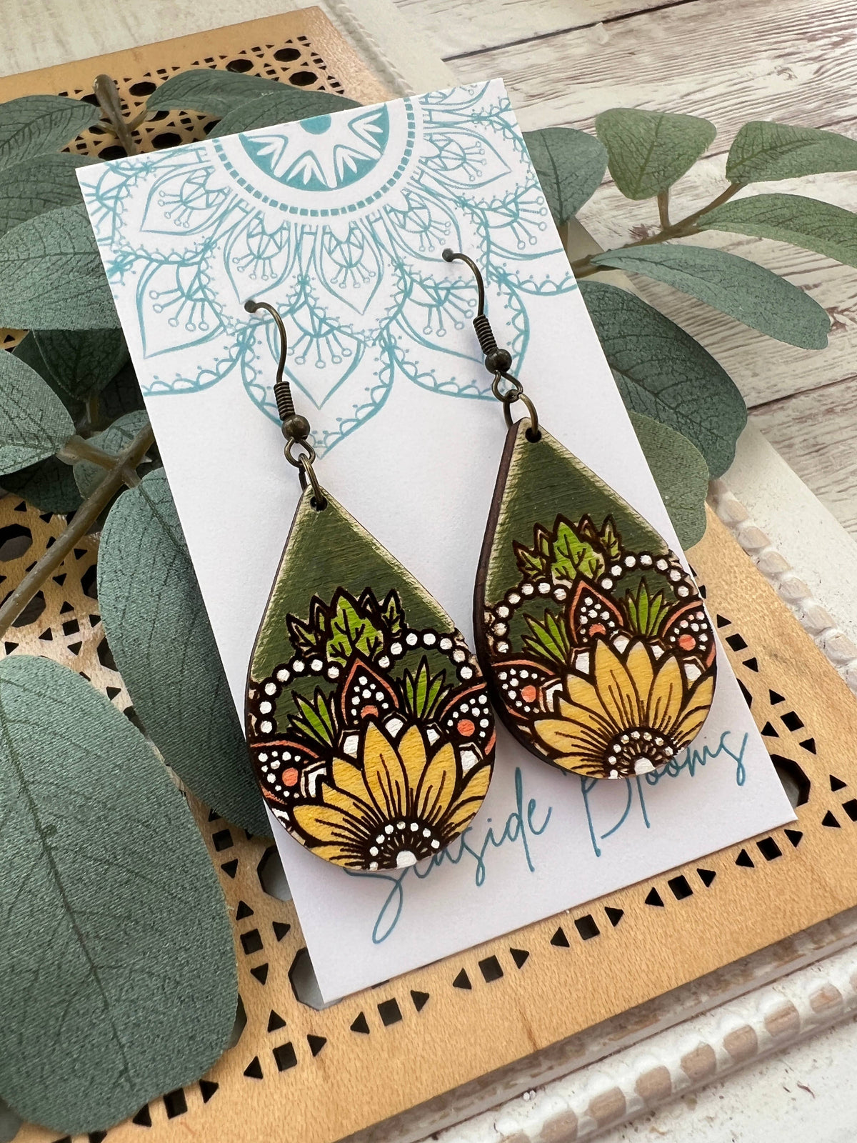 Midnight Sunflower - Hand Painted Wood Earrings  