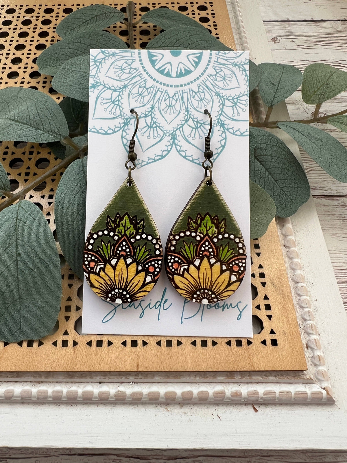 Midnight Sunflower - Hand Painted Wood Earrings  