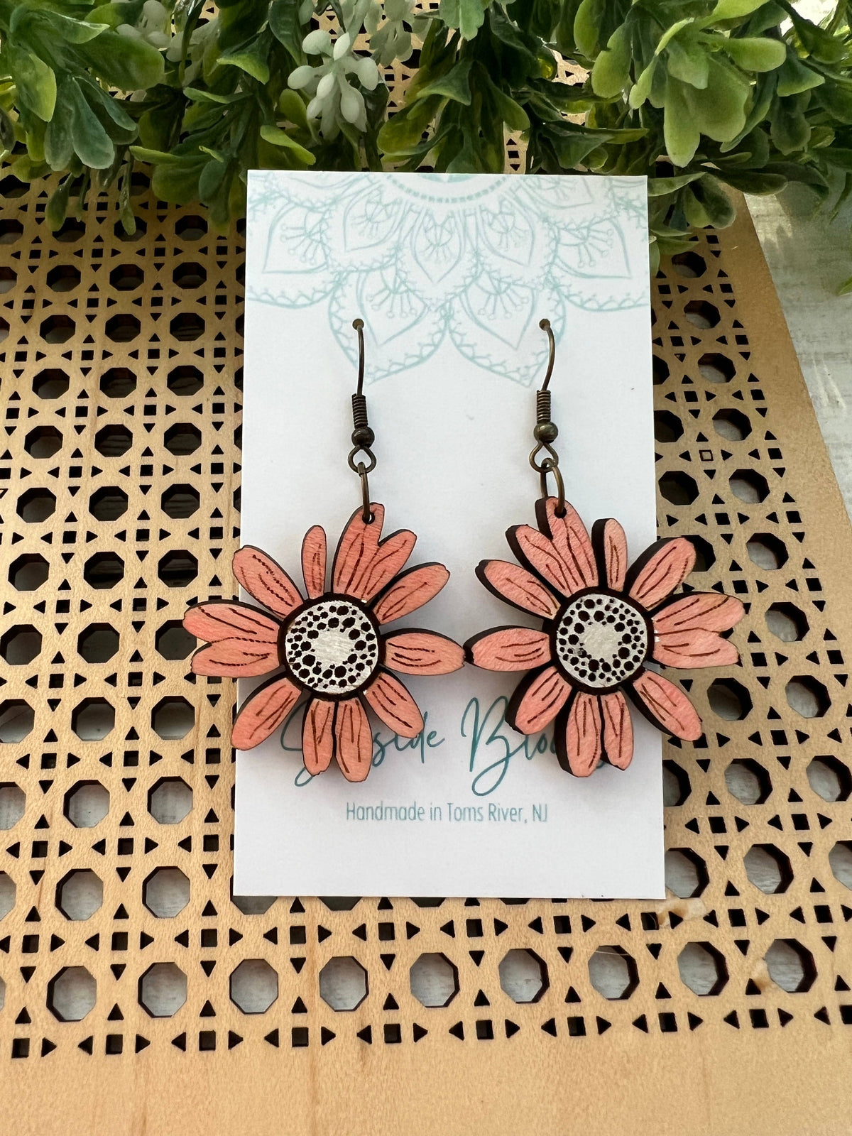Blush pink daisy light weight hand painted wood earring