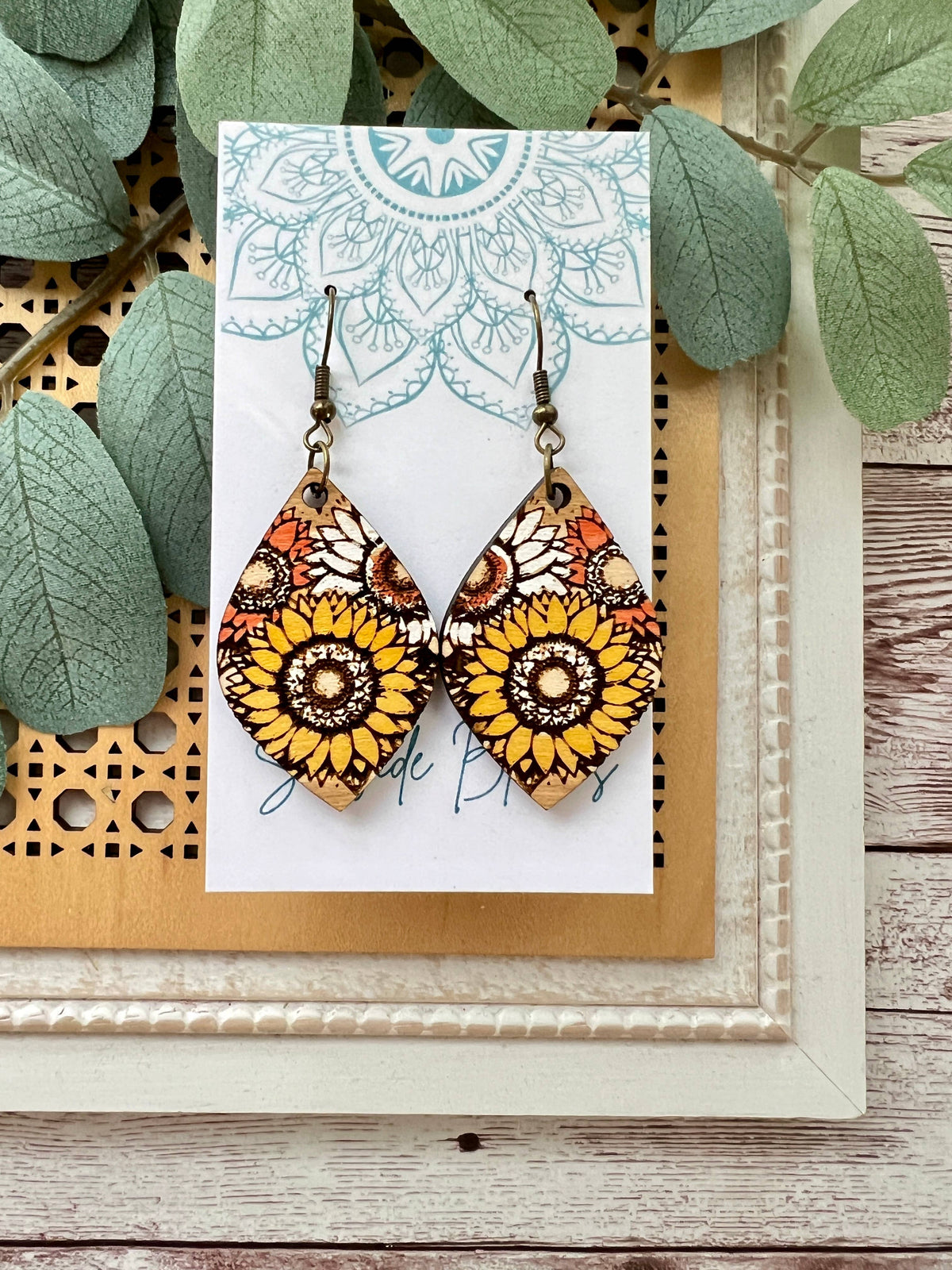 Golden Sunflower - Hand Painted Wood Earrings