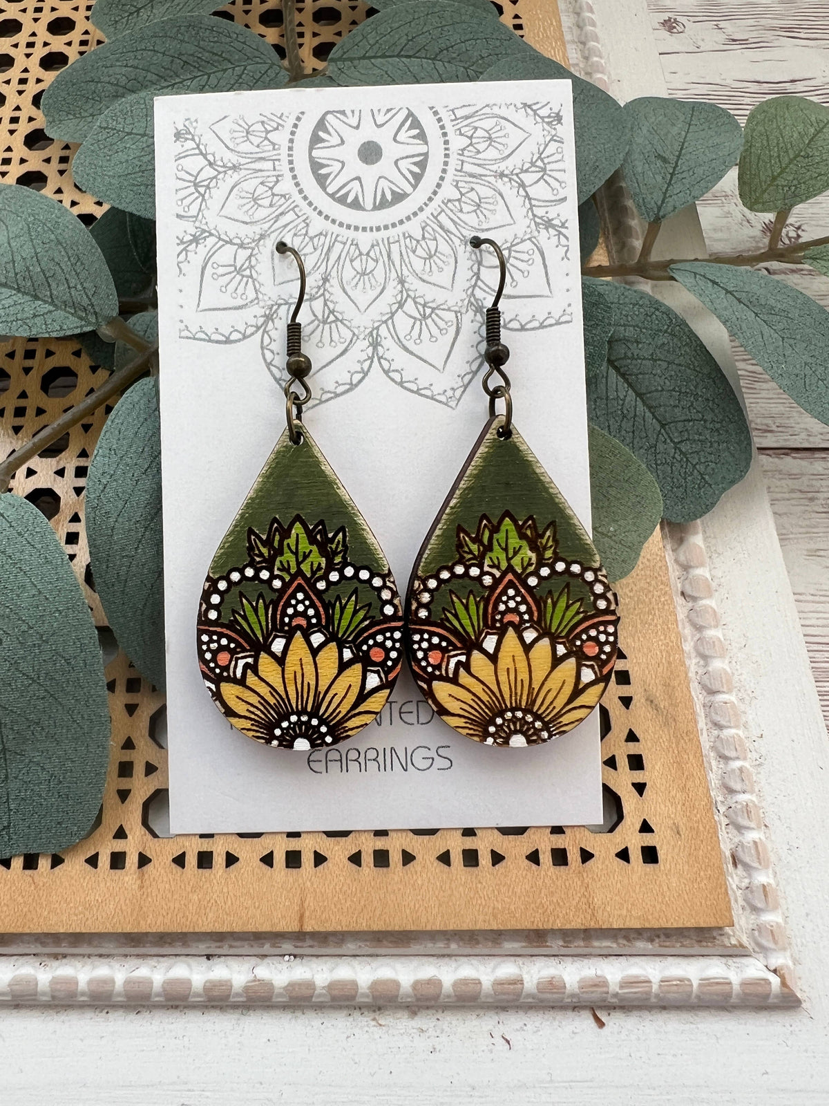 Midnight Sunflower - Hand Painted Wood Earrings  