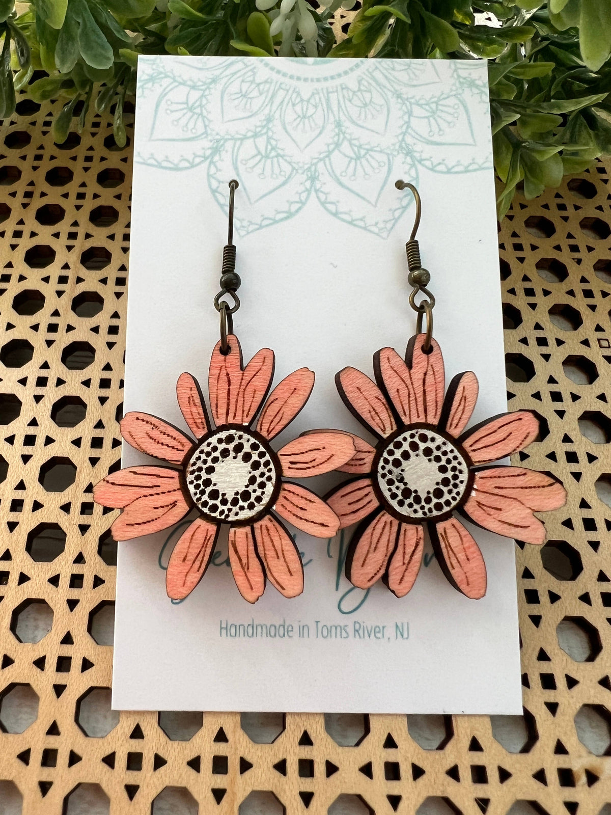 Blush pink daisy light weight hand painted wood earring