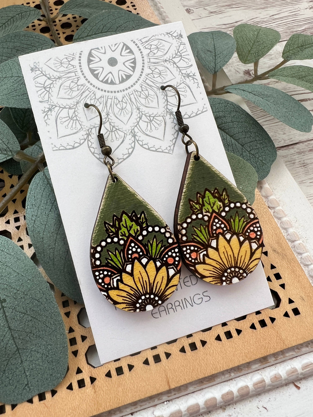Midnight Sunflower - Hand Painted Wood Earrings  