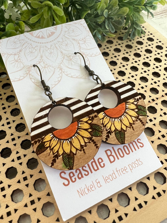 Sunflower & Stripe Hand Painted Hoop Earrings